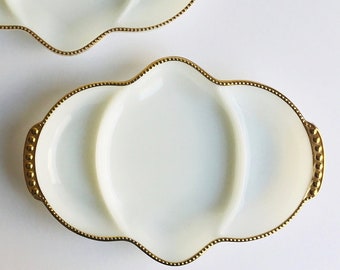 Fire King - Set of 2 - Divided Serving Plates- Milk Glass with Gold Trim