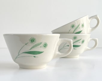 Sterling China - Restaurantware Coffee Cups - Set of 3 - Pretty Green Floral Design