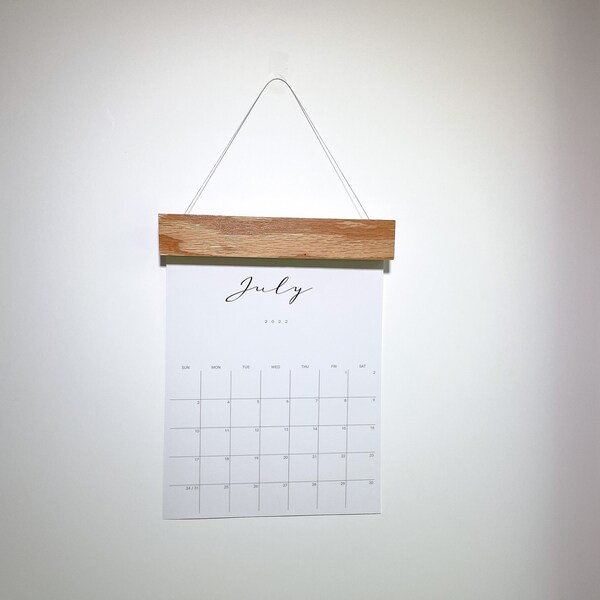 Wall Calendar with Wooden Frame Hanger, Large Monthly Modern Dark Walnut, Natural or White Wash Clip Minimalist 2023 Hanging Calendar