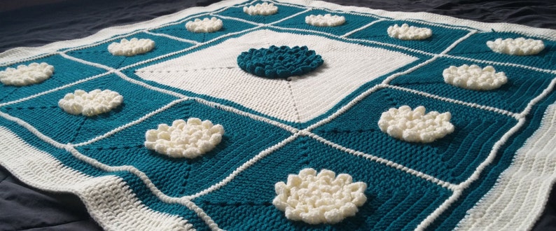 Teal and Cream Granny Squared Dahlia Afghan