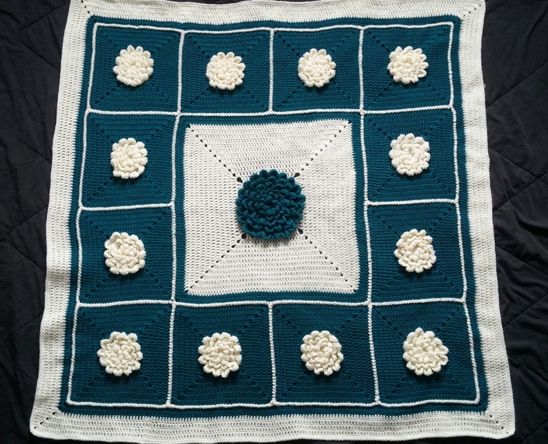Teal and Cream Granny Squared Dahlia Afghan