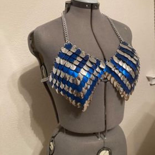 Blue/Silver Chevron Chain/Scalemail Bikini Top