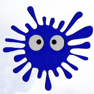 May include: Blue ink splatter with two white eyes. The splatter is shaped like a cartoon character.
