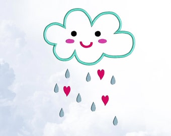 Wolke Applikation Stickmuster, schöne Herzen Regen Stickmuster, niedliche Kinder digitale Designs für Stickmaschinen