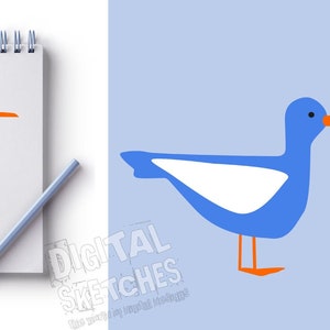 Könnte beinhalten: Eine Illustration einer blauen und weißen Möwe mit orangefarbenem Schnabel und Beinen. Die Möwe steht auf einem hellblauen Hintergrund.