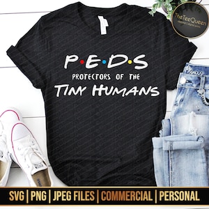 May include: Black t-shirt with white text that reads "P.E.D.S. Protectors of the Tiny Humans". The text is in a stylized font reminiscent of the popular TV show "Friends".