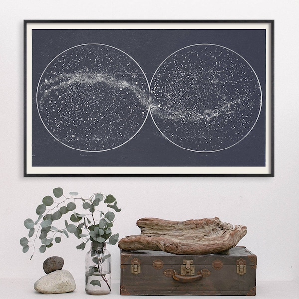 Minimalist Star Map Milky Way print with Northern and Southern Hemispheres, Minimal Constellation Space and Galaxy Celestial Decor