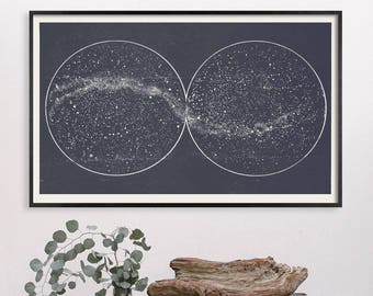 Minimalist Star Map Milky Way print with Northern and Southern Hemispheres, Minimal Constellation Space and Galaxy Celestial Decor