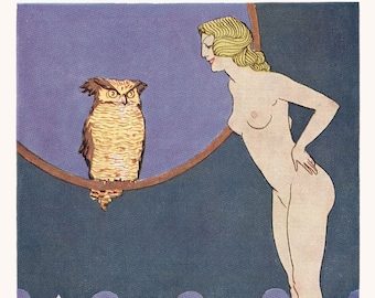 Art Nouveau wall art, Woman with Owl, Bathroom Decor, Bathroom Wall Decor, Decorative Arts Women, Vanity Art, Makeup Art, Vintage fashion