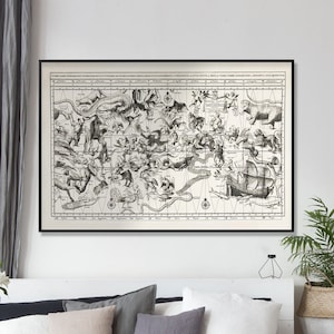 Impression vintage noir et blanc de carte des étoiles avec constellations du zodiaque