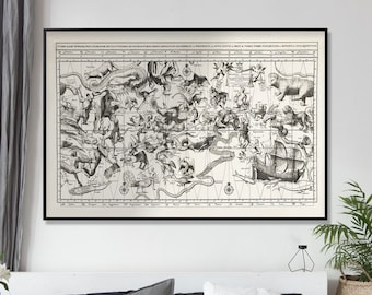 Black and White Vintage Star Map Print with Zodiac Constellations