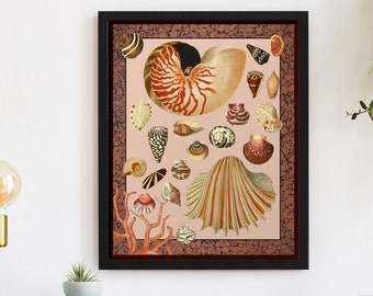 Decoración costera maximalista, arte de conchas vívidas con patrones, decoración costera para casa de playa, estampado de conchas de bacalao de Cabo, arte de la pared de la playa de la costa este