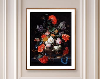 Botanical Prints, Victorian Wall Decor, Dark Floral Wall Art, Flower Wall Art, Dutch Still Life, Red Flowers, Floral Wall Art Decor