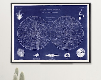 Planisphere Celestial art, Blue Constellation Art Print, Hemisphere Celestial Map Art Print, Vintage Science Art Print, Large Loft Art