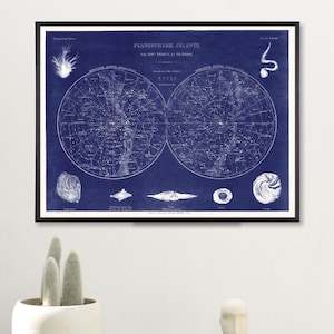 Planisphere Celestial art, Blue Constellation Art Print, Hemisphere Celestial Map Art Print, Vintage Science Art Print, Large Loft Art