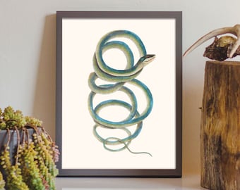 Blue Snake Art Desert Wall Art Southwest Decor, Snake Drawing, Snake Painting Print