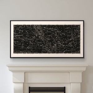 Star Map Print, Constellations Chart Print, Celestial Decor, Large Horizontal Art Print for Living room, Masculine Home Decor, Above bed art Black