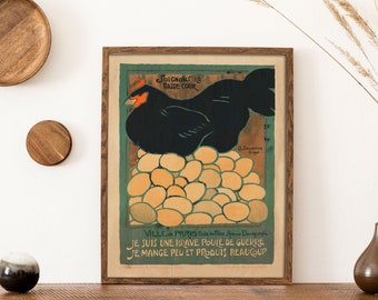 Vintage French Chicken Poster, Vintage Chicken Art, Vintage Rooster Art, Kitchen Decor, Rustic Cabin Decor, Antique French, Food Decor