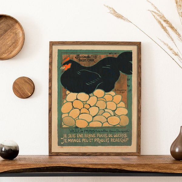 Vintage French Chicken Poster, Vintage Chicken Art, Vintage Rooster Art, Kitchen Decor, Rustic Cabin Decor, Antique French, Food Decor