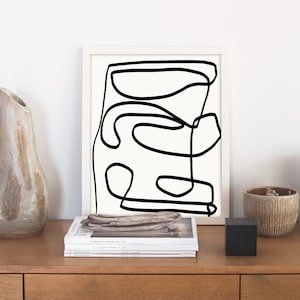 Large Abstract Fine Line Art Print, Midcentury modern living room Abstract wall art, Black and White Scandi Art, Danish Modern Minimalist