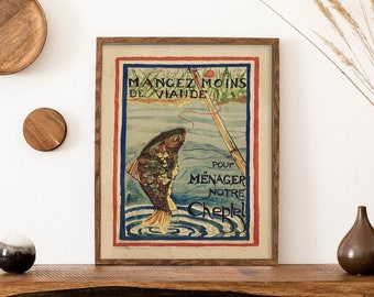 Fish Art Print, Vintage French Kitchen Decor for Rustic Country Home, Food Decor, Fishing gift