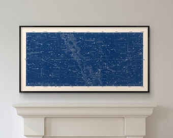 Star Map Print, Blue Star Map, Southern Constellations Chart Print, Blue Constellation Celestial Map, Large Horizontal Art for living room