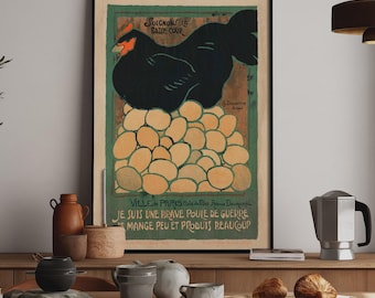 May include: A framed vintage-style poster featuring a large black hen perched atop a pile of light yellow eggs. The green background includes the text Soignons la Basse-Cour, Ville de Paris, and Je suis une brave poule de guerre.