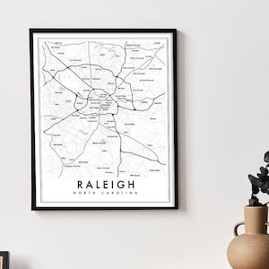 Impression de carte de Raleigh en Caroline du Nord, affiche de carte de Raleigh, impression de carte de la ville, décoration de Raleigh, impression de carte de Raleigh, quartiers de Raleigh, Cary, Apex