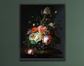 May include: A framed floral still life painting featuring a dark background. The bouquet includes white, pink, orange, and yellow flowers. The painting is displayed on a dark green wall.