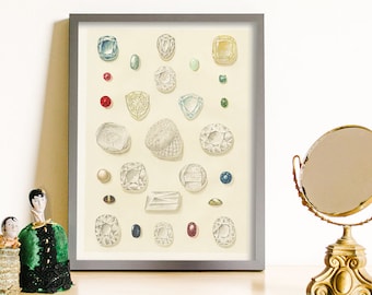 May include: A framed print of a vintage illustration of various gemstones, including diamonds, emeralds, rubies, and sapphires. The print is displayed on a light wood surface with a gold-colored decorative mirror.