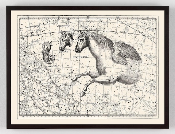 Antique French Pegasus Constellation Map 18th Century, Minimal Winged Horse Star Chart