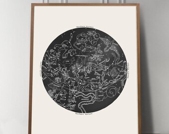 Antique Blue Constellation Print, Large Celestial Map with Zodiac Signs, Astronomy Wall Art