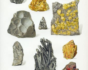 Antique 19th Century Fools Gold and Tourmaline Mineral Print, Boho Gem Art Wall Decor