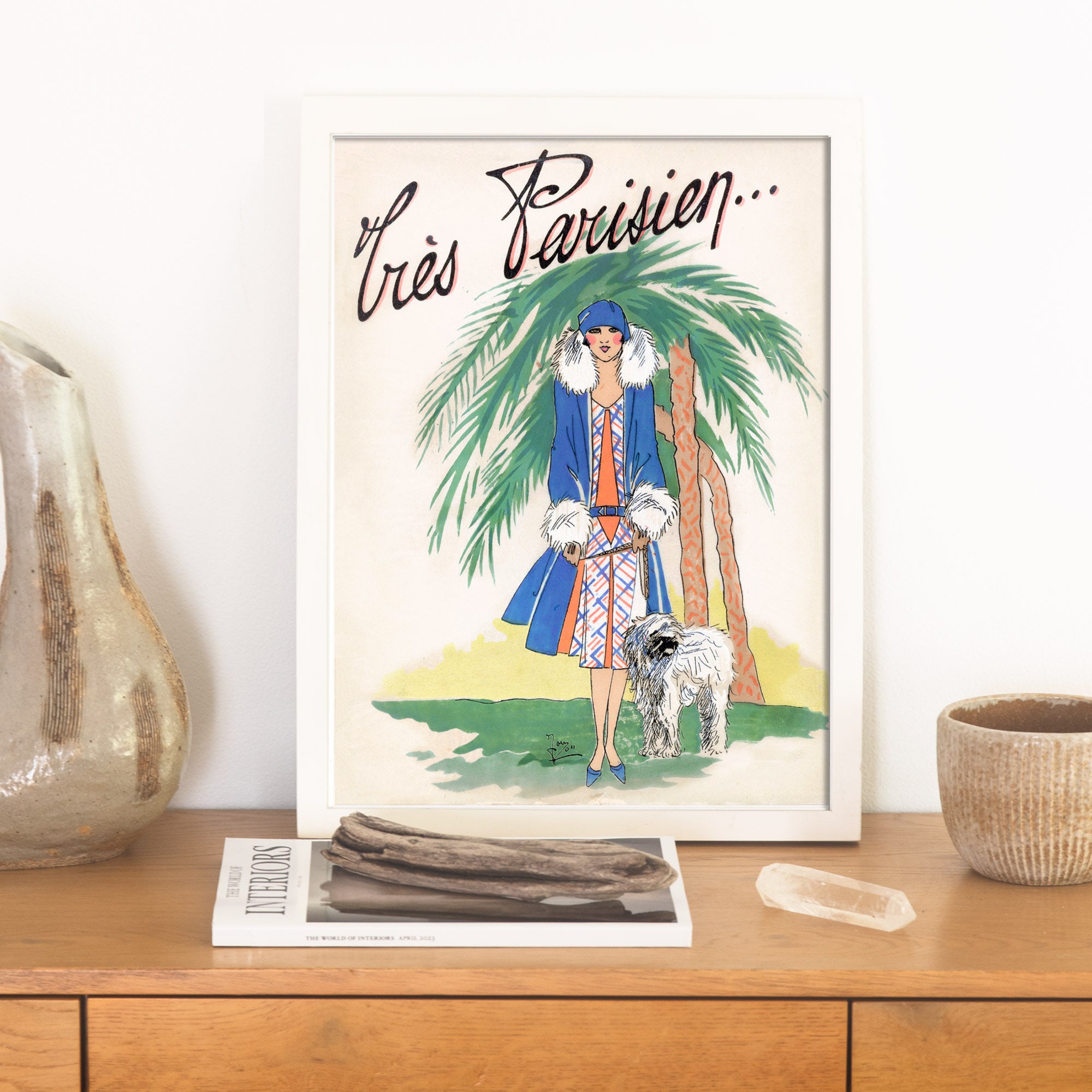 Parisian Fashion Art, Woman with Dog, French Fashion Poster, Art Deco flapper girl, Coquette room decor, 1920s Fashion Art, Paris boudoir