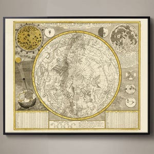 Carte des constellations avec or, carte des constellations vintage, cadeau du père, carte des étoiles, carte du vieux monde, art de la carte du vieux monde, art du zodiaque
