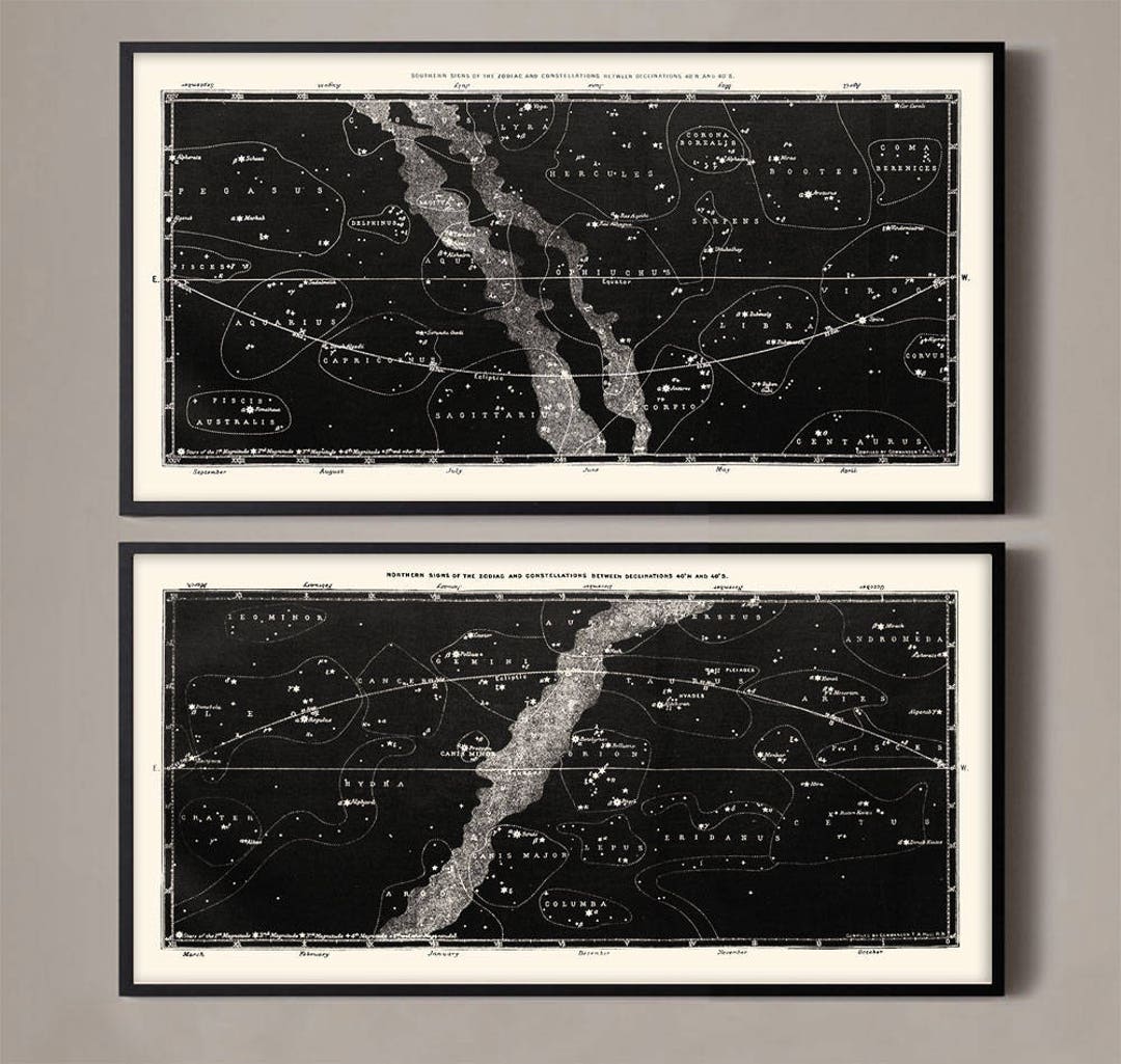 Star Map Print Set, Constellation Map Set of 2 Prints, Vintage ...