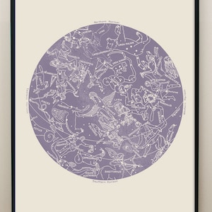 Lavender Constellation Map, Lavender Star Chart, Lavender Circular Art, Zodiac art print, Aquarius, Pisces, Sagittarius, Capricorn, Swan image 1