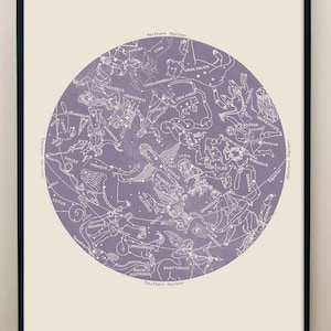 Carte de la constellation de la lavande, Carte des étoiles de la lavande, Art circulaire de la lavande, Impression d'art du zodiaque, Verseau, Poissons, Sagittaire, Capricorne, Cygne