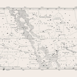 Puede incluir: Un mapa estelar en blanco y negro que muestra las constelaciones del cielo nocturno. El mapa est&aacute; dividido en meses, con las constelaciones de cada mes etiquetadas. El mapa tambi&eacute;n incluye los nombres de las estrellas y sus magnitudes.