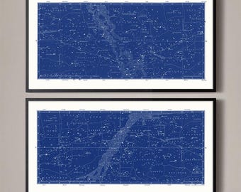 Antique Constellation Map Set of 2 North and South Star Chart Prints | Astronomy Gallery Wall