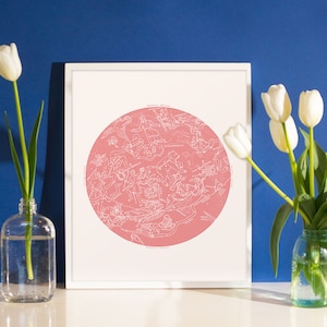 Impression constellation rose, carte du ciel art rose, impression signes du zodiaque, art circulaire rose, art du zodiaque