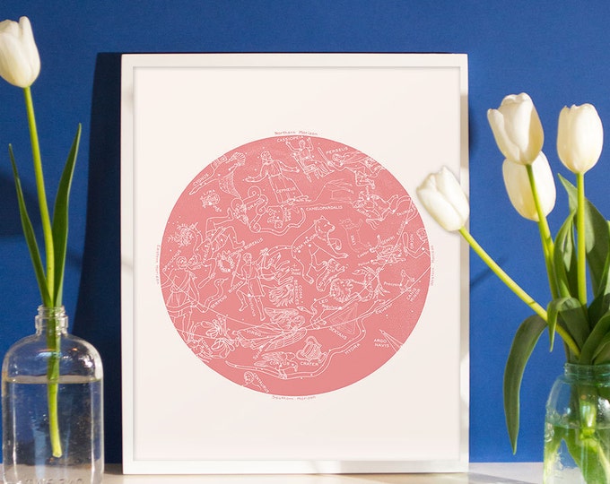 Pink Constellation Print, Rose Art Star Chart, Zodiac Signs print, Pink Circular Art, Zodiac Art