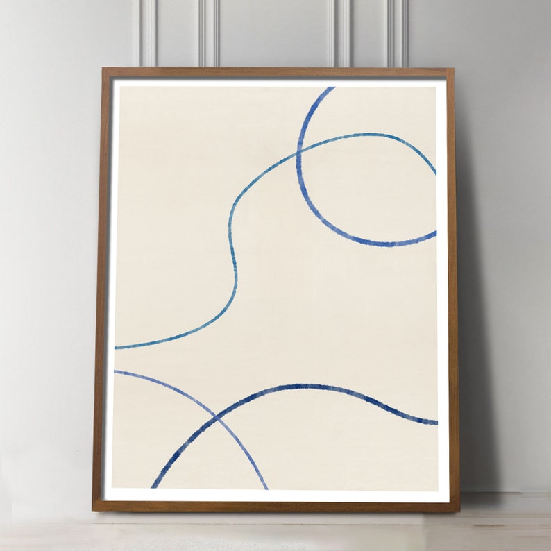 Scandinavian Mid-Century Modern Abstract wall art for Danish Modern Nordic Minimal home decor Minimalist Abstract Line Drawing in blue