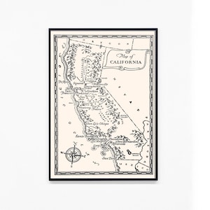 May include: A framed vintage map of California, featuring cities like San Francisco, Los Angeles, and San Diego. The map is in black and white, with a compass rose in the lower left corner and the title "Map of California" at the top.