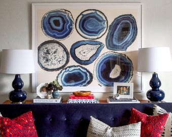 Agate Slice Photography Print, Blue and Violet Mineral Art, Abstract Coastal and Boho Wall Decor