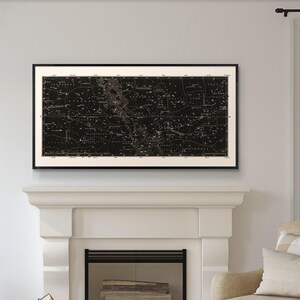 Minimal Antique Star Map Print 1849, Large Horizontal Constellation Chart, Dark Academia Wall Art