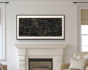 Minimal Antique Star Map Print 1849, Large Horizontal Constellation Chart, Dark Academia Wall Art