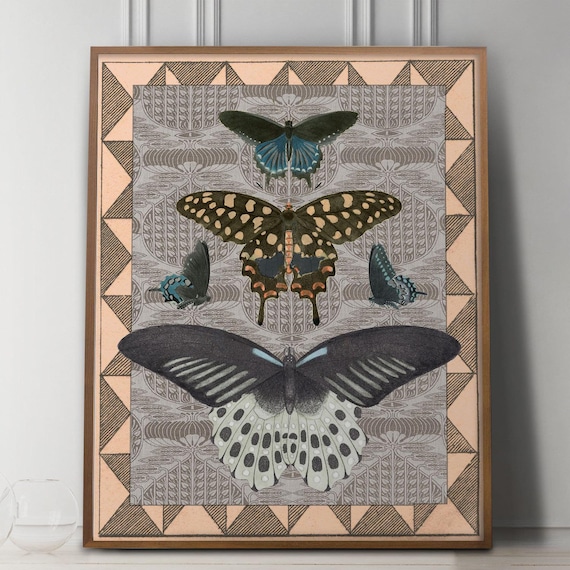 Antique Butterfly Collage Print, Victorian Natural History Art with Patterns, Cottage Wall Decor