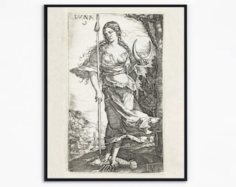 Diana Goddess of the Moon Antique Print 1529, Greek Mythology Feminine Art, Dark Academia Decor
