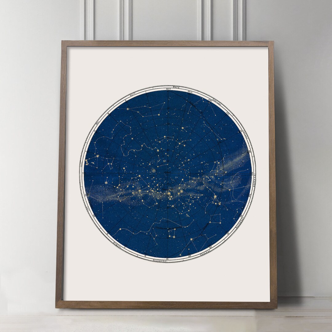 Constellation Map, Celestial Chart Print in Circular Format in Blue ...